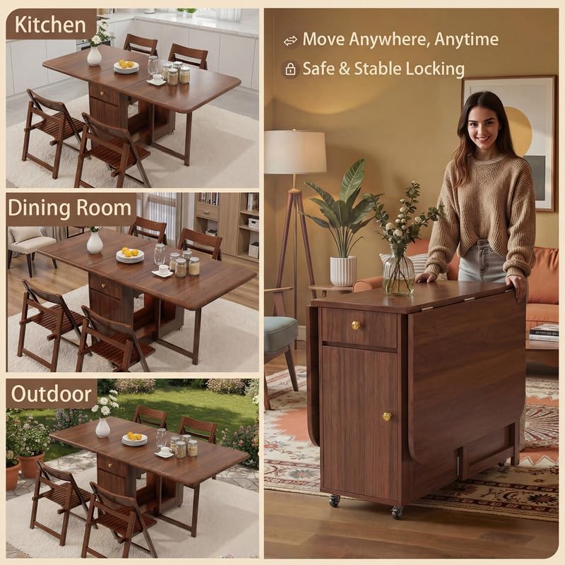 Folding Drop Leaf Dining Room Table 4-6 Seater with Storage and Lockable Whee...