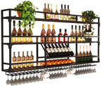 59Inch Metal Wall-Mounted Wine Rack with LED Light - 3 Tier Wine Storage Display Rack with Glass Holder - Space-Saving Bottle Display Shelf for Home Bars, Dining Rooms, Black