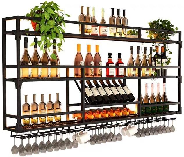 59Inch Metal Wall-Mounted Wine Rack with LED Light - 3 Tier Wine Storage Display Rack with Glass Holder - Space-Saving Bottle Display Shelf for Home Bars, Dining Rooms, Black