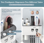 Toothbrush Holders Wall Mounted, Toothbrush Holder with Automatic Toothpaste Dispensers, 6 Brush Slots, 2 Magnetic Cups,1 Cosmetic Drawer Organizer and 1 Large Storage Tray