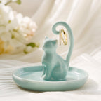Handmade Celadon Cat Ring Holder Dish | Ceramic Jewelry Tray for Rings & Earrings, Cat Lover Gift for Women, 8th 9th Pottery Anniversary, Birthday Gift
