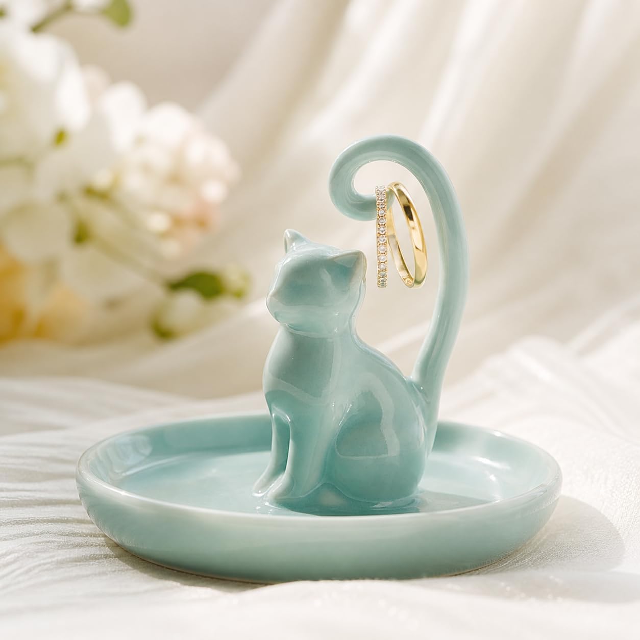Handmade Celadon Cat Ring Holder Dish | Ceramic Jewelry Tray for Rings & Earrings, Cat Lover Gift for Women, 8th 9th Pottery Anniversary, Birthday Gift