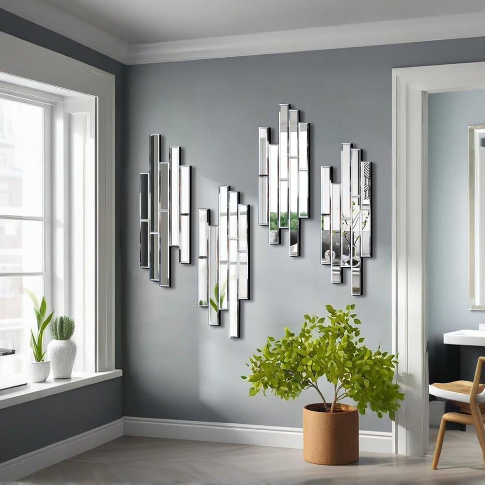Artisan Set of 4 Silver Beveled Wall Decor Mirrors - 24x8 Inch Each, Creative...
