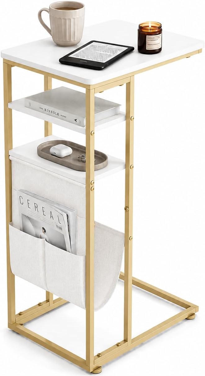 C Shaped End Table 28"(H) 3-Tier C Table with Storage Bag, Under Couch T...
