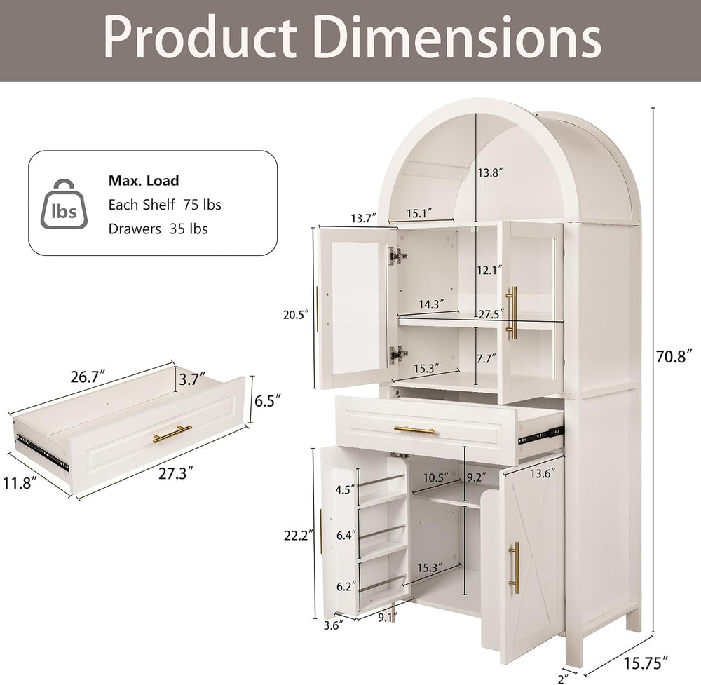 71" Tall Arched Kitchen Pantry Cabinet with Glass Doors - Farmhouse Stor...