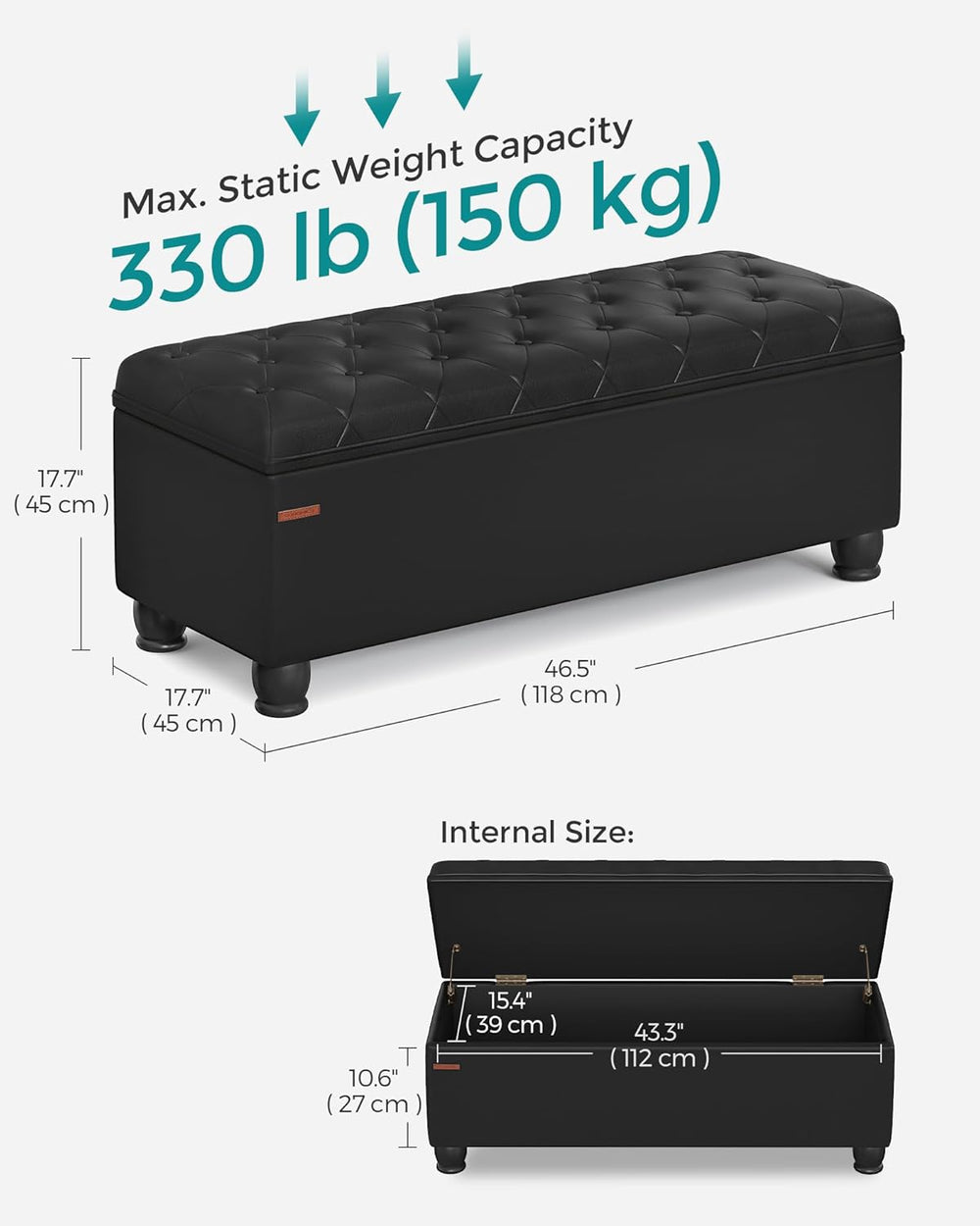 SONGMICS Storage Ottoman, 46.5 Inches Long Bed End Stool, Solid Wood Legs | B...