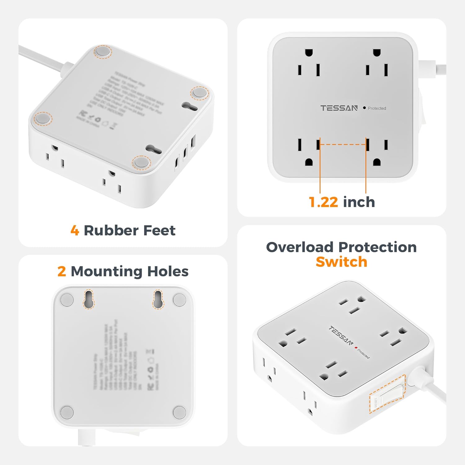 Surge Protector Power Strip, TESSAN Flat Plug Extension Cord with Multiple Outlets, 8 AC Outlets, 3 USB Ports(2 USB C), 5 Ft, 900 Joules Protection, 3-Sided Charging Station for Home Office Dorm Room