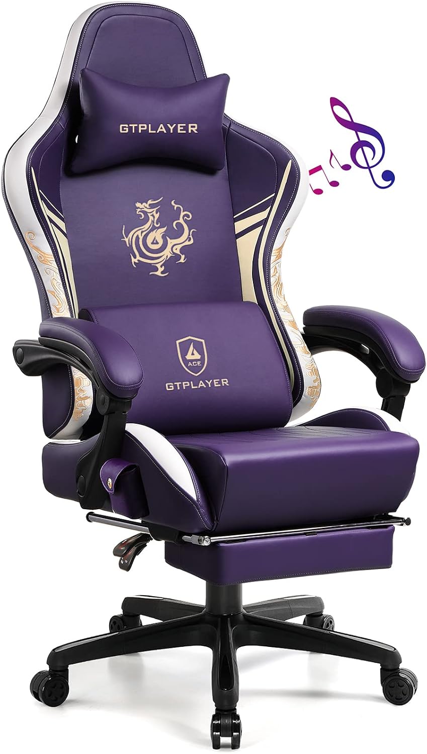 GTPLAYER Gaming Chair with Bluetooth Speakers and Footrest, Dragon Series Vid...