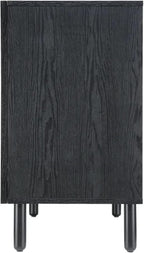 Sango Orre 2-Door Cabinet, Modern Black Storage Cabinet with Synthetic Rattan Door Panels, Adjustable Shelf, Cylindrical Wood Legs, Discreet Finger Pulls, Elegant Furniture for Living or Dining Room