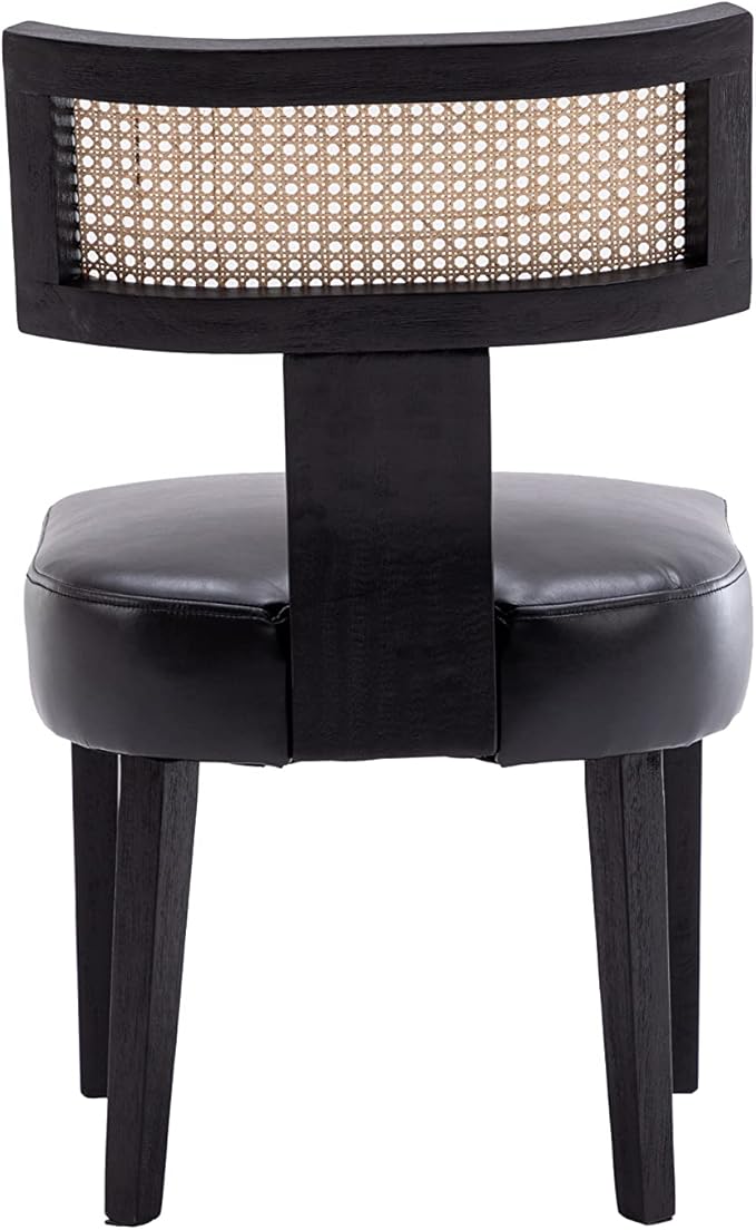 Rattan Dining Chairs Set of 2, Modern PU Leather Upholstered Kitchen Chairs, Wooden Dining Room Chair Farmhouse Dinner Chair with Black Wood Frame, Black
