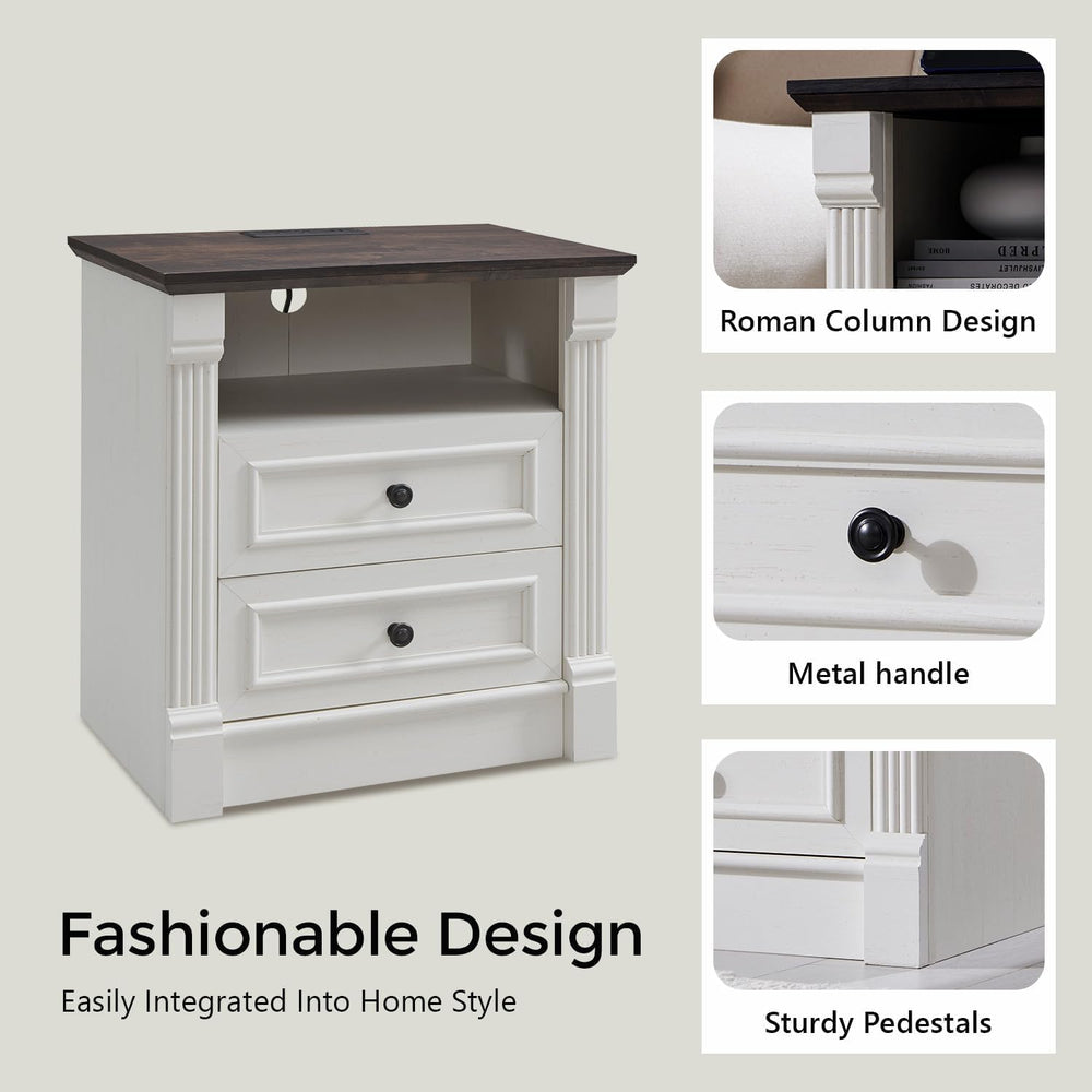 26" Tall Farmhouse Night stand Set of 2, 2 Drawers End Table w/Charging ...
