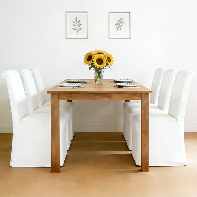 Slipcovered Dining Chairs Set of 6, Parsons Dining Chair with Removable Skirte Upholstered Linen Fabric Kitchen Chairs for Dining/Living Room, Banquet, Solid Wood, Beige