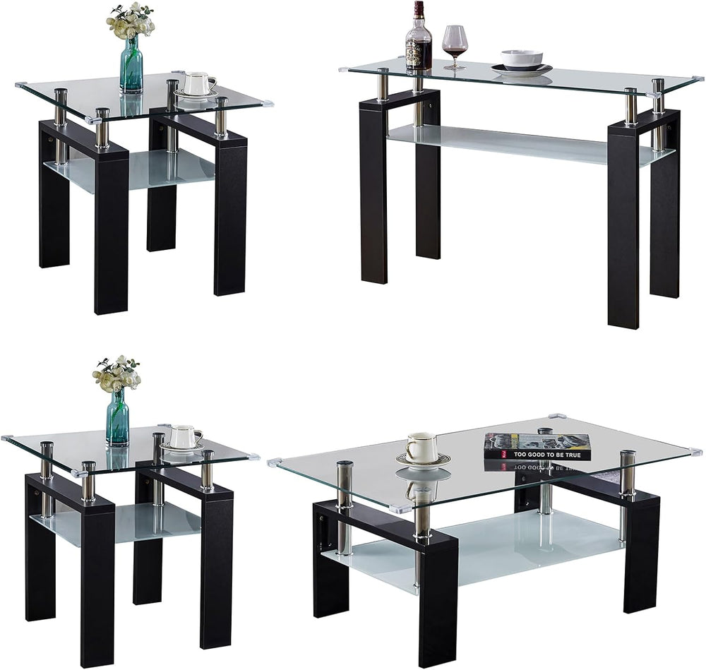 4 Piece Black Living Room Table Set, Rectangular Modern Glass Coffee Table, C...