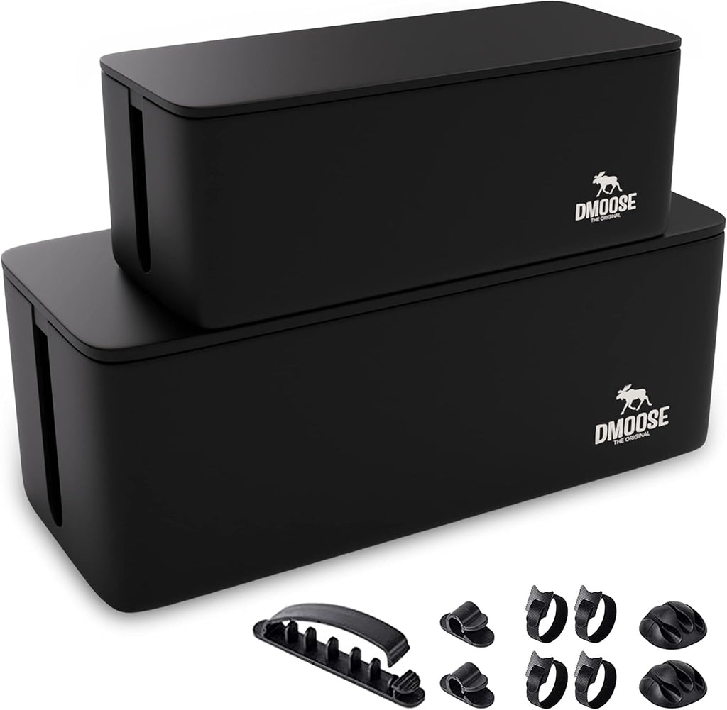 DMoose Cable Management Box - 2 Pack Medium & Large Cord Organizer for Desk & Floor, Cable Organizer Box for Child & Pet - Cable Box Hider for Tidy Office & Home, Power Strip Cover (Black - Pack of 2)
