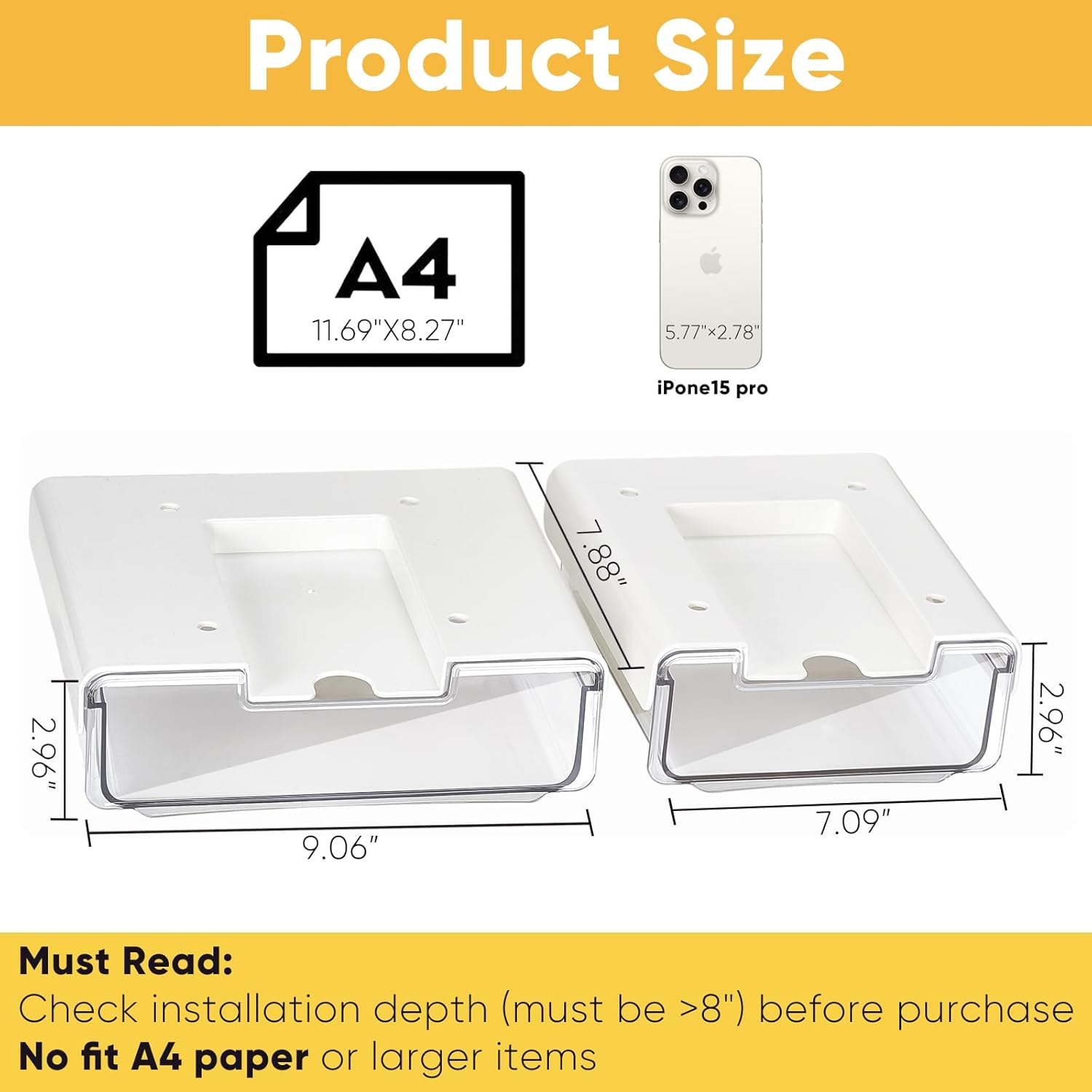 2 Pack Under Desk Hanging Drawer Slide Pull Out, Attachable Clear Acrylic Storage Tray, Easy Hidden Self Adhesive Mount Cabinet Shelf Holder for Tables, Home & Office, Counters, Workstation