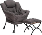 HollyHOME Fabric Lazy Chair with Foldable Ottoman, Accent Comfy Lounge Arm Chair and Folding Footrest Stool Set, Leisure Sofa Reading Chair and Footstool for Living Room, Bedroom, Dorm, Dark Grey