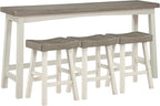 Lexicon Bar Table Set for 3, Small Kitchen Table Set Kitchen Island Table with 3 Saddle Bar Stools, 4 Piece Dining Table Set for Breakfast Nook, Living Room, Apartment, Counter Height, White/Coffee