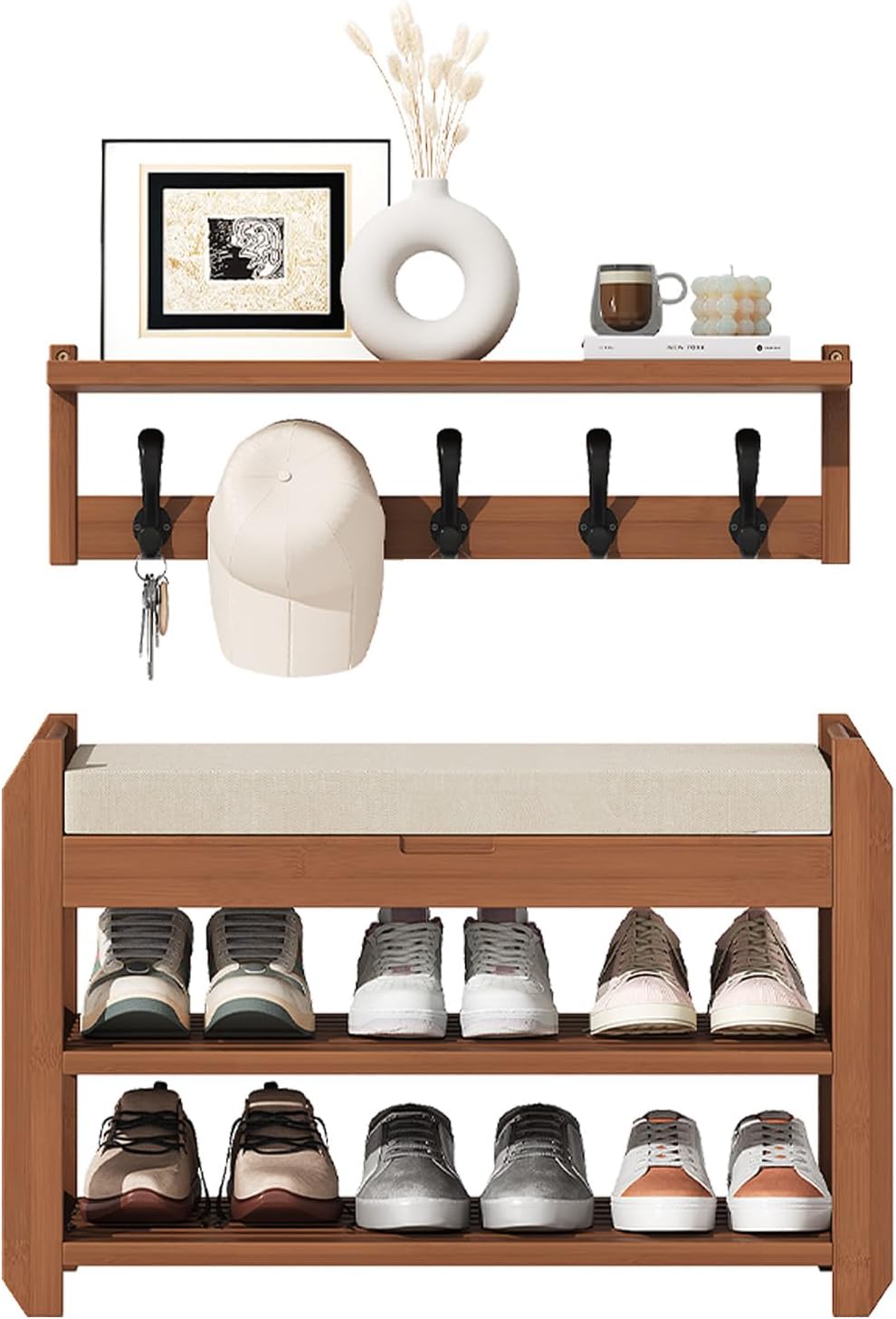27.6" Bamboo Shoe Bench with Cushion, 5 Hooks Coat Rack, 2-Tier Storage ...