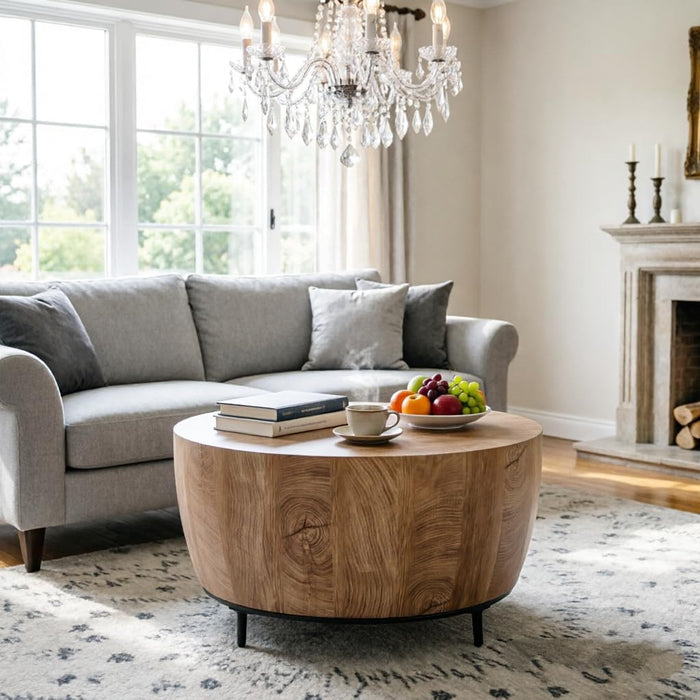 Drum Coffee Table, Modern Industrial Wooden 29.53"W Round Coffee Table w/Adjustable Metal Leg, Natural Wood Circle Center Table Cocktail Tea Accent Table for Living Room Apartment No Assemble