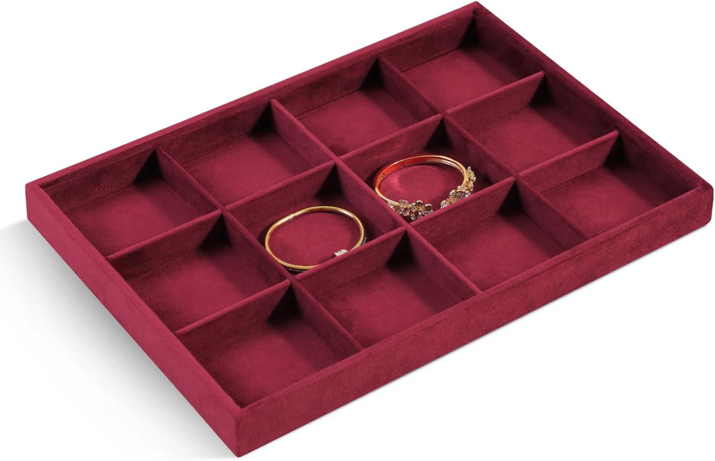 Velvet Stackable Jewelry Display Tray, 12 Grid Watch Bangle Bracelet Storage Tray, Makeup Drawer Insert Jewelry Shop Organizer Plate (Red)