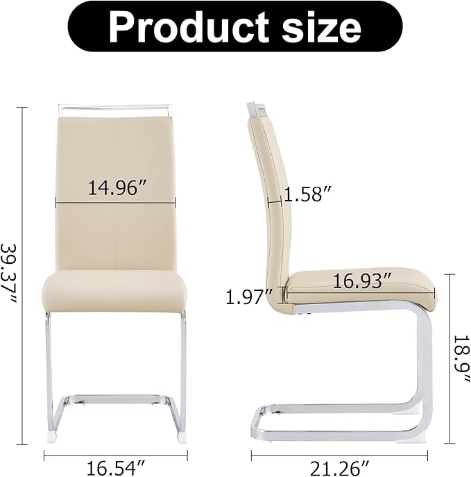 AZmac Modern Leather Dining Chairs Set of 6,Armless Kitchen Chairs,Dining Room Chairs with Upholstered Padded Seat and Sturdy Chrome Legs for Dining Room,Kitchen (Set of 6, Beige)