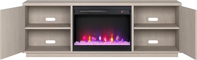 Henn&Hart Fluted TV Stand for TVs up to 75" with 26" Electric Crystal Rocks Fireplace and Ribbed Side Storage Cabinets for Living Room, Family Room, or Office, Beech White
