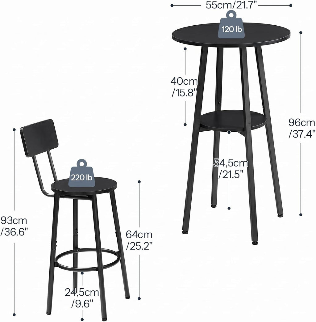HOOBRO 3 Pieces Round Bar Height Table and Chairs Set, Round Dining Table Set, Pub Table and Chairs for Small Space, 2 Tier Kitchen Table and Bar Stools with Back, Black BB35BT01