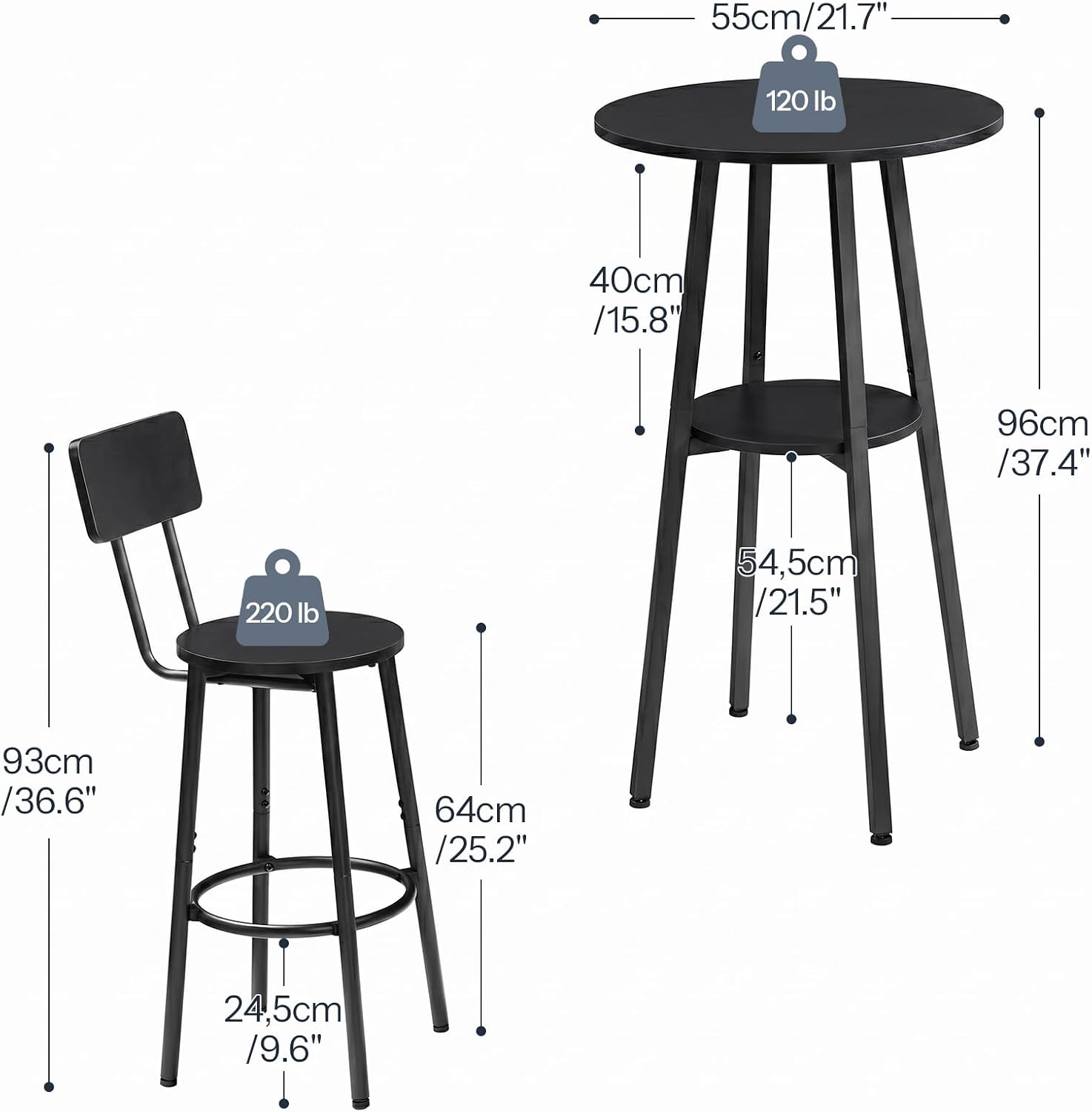HOOBRO 3 Pieces Round Bar Height Table and Chairs Set, Round Dining Table Set, Pub Table and Chairs for Small Space, 2 Tier Kitchen Table and Bar Stools with Back, Black BB35BT01