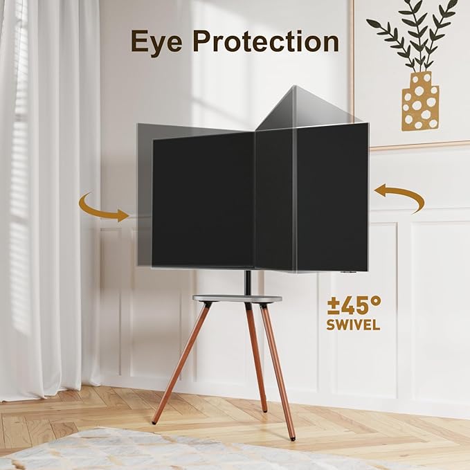 Tripod Easel TV Stand for 43 to 65 Inch LCD LED OLED Screen, Height Adjustable and Swievel TV Stand, Portable Corner TV Floor Stand with Wooden Tray, VESA 400x400mm, Minimalist Black Walnut