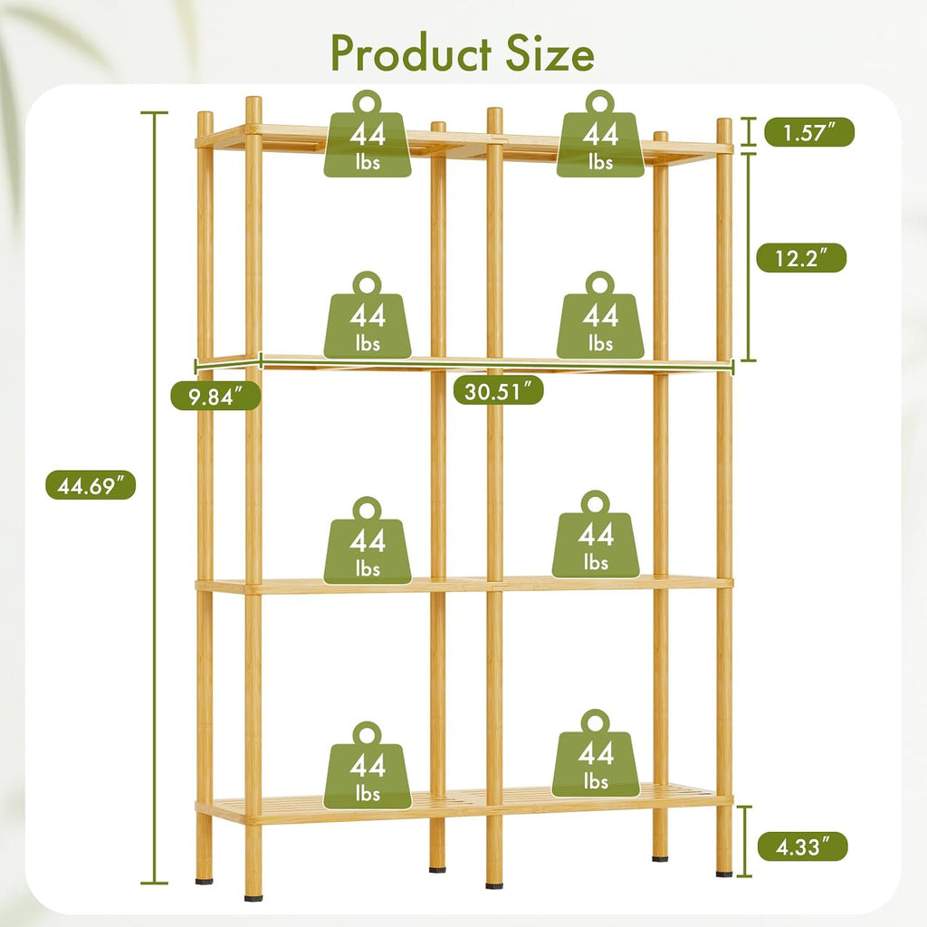 Book Shelf, 4 Tier Bamboo Bookshelf, Tall Bookcase with 8 Open Display Shelves Storage Organizer, Adjustable Bookshelves Standing Shelf Units for Bedroom, Living Room, Bathroom, Home Office