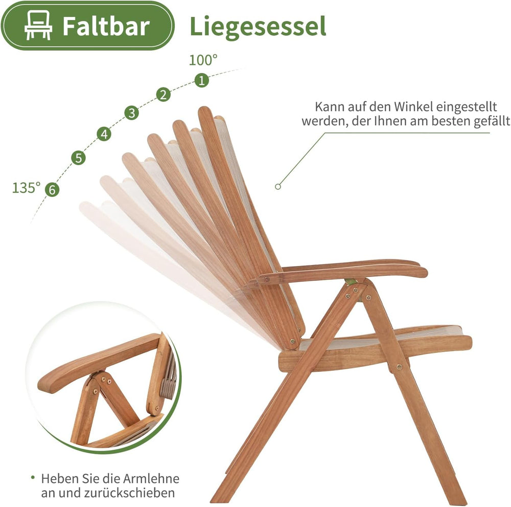 Folding Patio Chair Set of 6, Wooden Rope Recliner, Beige