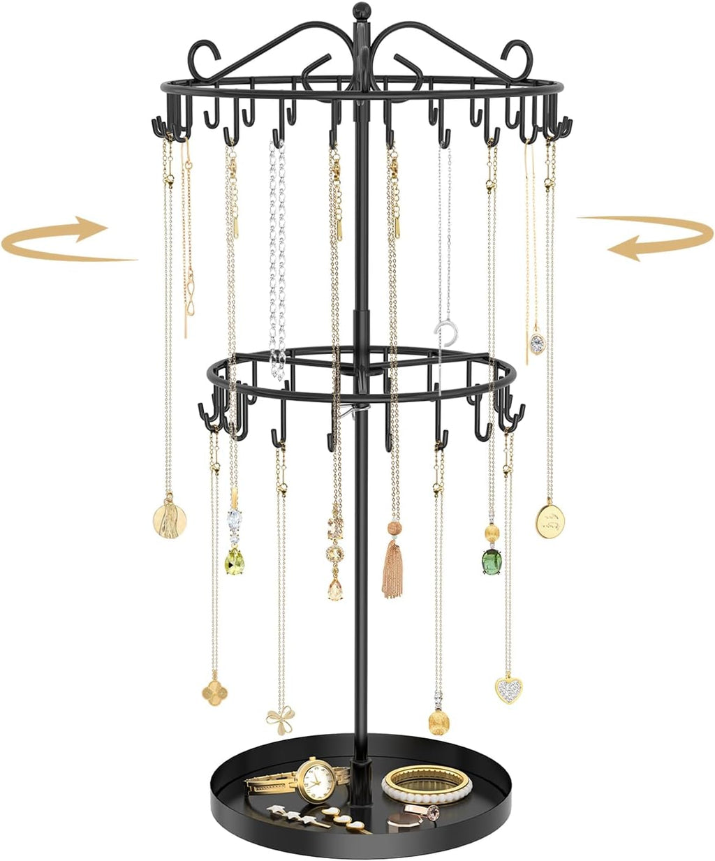 MODOWEY Rotating Necklace Holder Organizer Display Stand with 42 Hooks, 2 Tier Adjustable Metal Necklace Tree Rack with Jewelry Tray for Men Women, Tall Bracelet Storage Hanger for Selling, Black