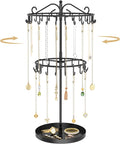 MODOWEY Rotating Necklace Holder Organizer Display Stand with 42 Hooks, 2 Tier Adjustable Metal Necklace Tree Rack with Jewelry Tray for Men Women, Tall Bracelet Storage Hanger for Selling, Black