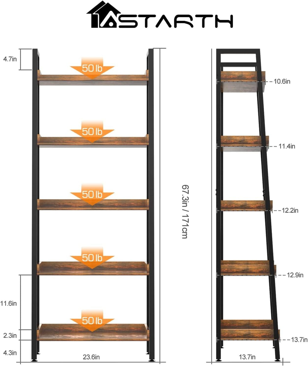 ASTARTH 5-Tier Ladder Shelf, 67 Inch Tall Open Floor Standing Bookshelf | Wooden Display Shelves with Metal Frame, for Living Room, Home Office, Rustic Brown