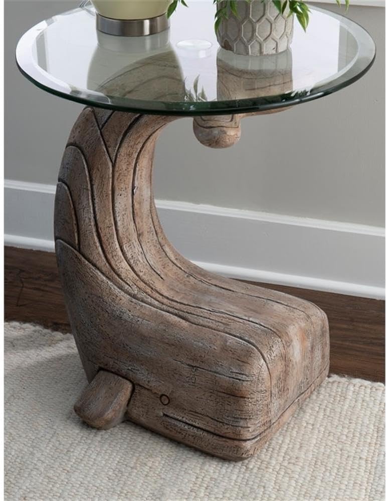 MAKLAINE Whale Sculptured Accent Table, 23 in Tall, Resin Base with Driftwood...