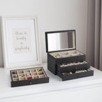 Meangood Jewelry Box Organizer for Women, 3 Layer Large Jewelry Storage Case, Rustic Wooden Jewelry Box with Mirror & Ring Tray for Necklace Earring Bracelets Rings, Vintage Style (Black)