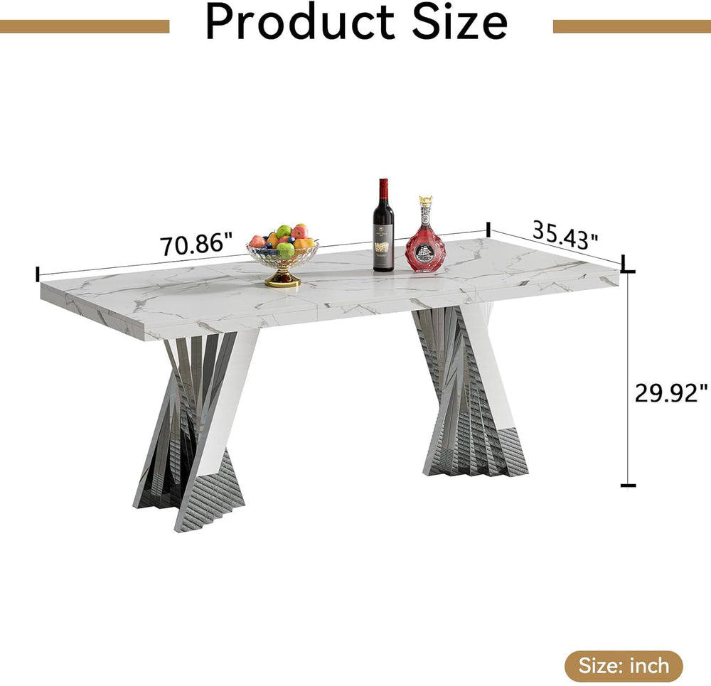 70" Faux Marble White Silver Dining Table for 6, Modern Dining Room Tabl...