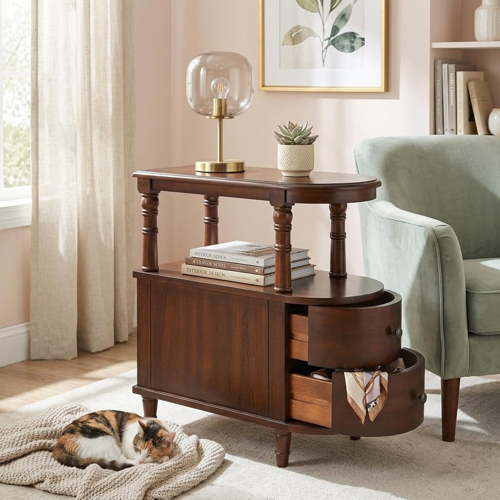 Narrow End Table with 2 Storage Drawers, Retro Vintage Sofa Beside Table, Woo...