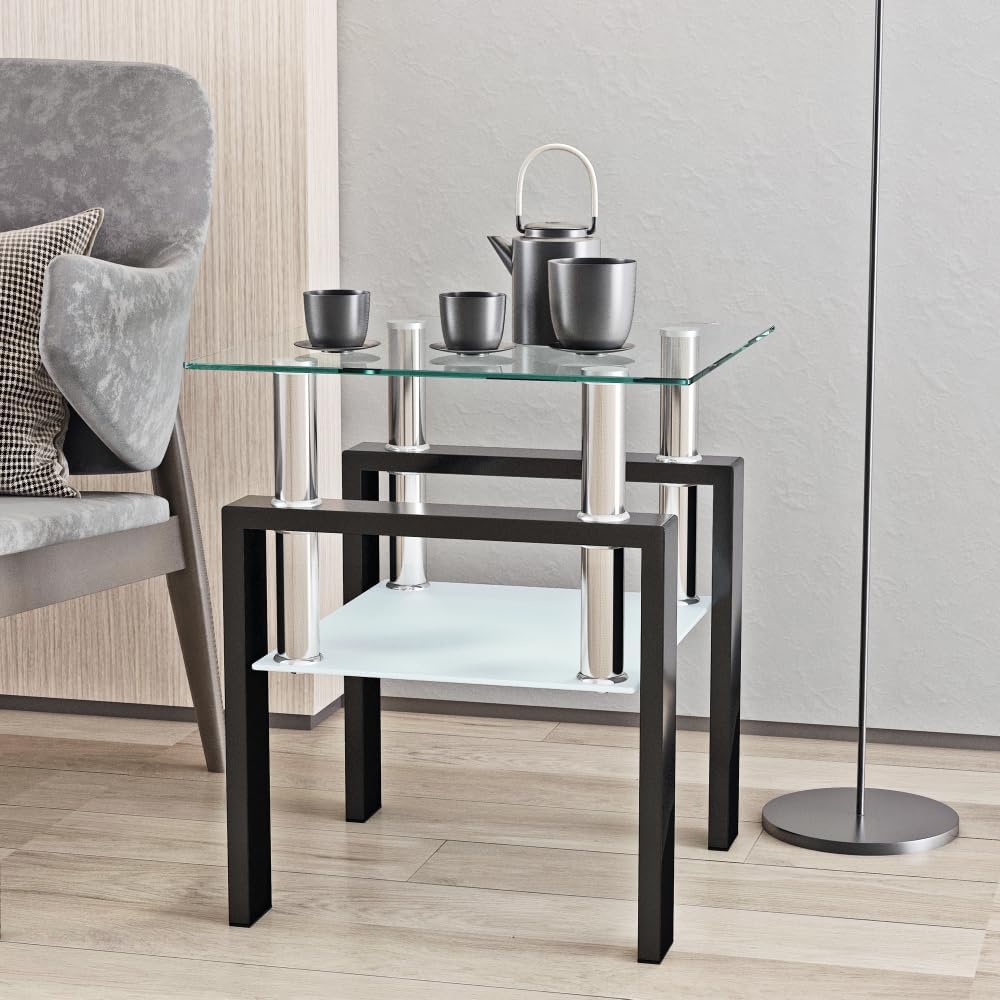 Set of 2, Modern Tempered Glass Tea Table Coffee Table End Table, Square Tabl...