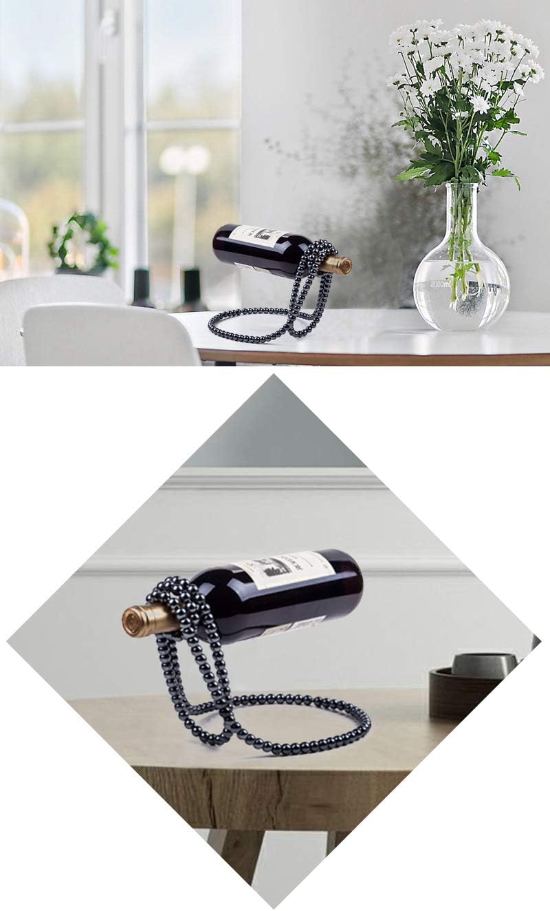 (Black) Artificial Pearl Necklace Floating Wine Rack, Metal Wine Bottle Holder, Wine Bottle Stand for Bar and Home Decoration