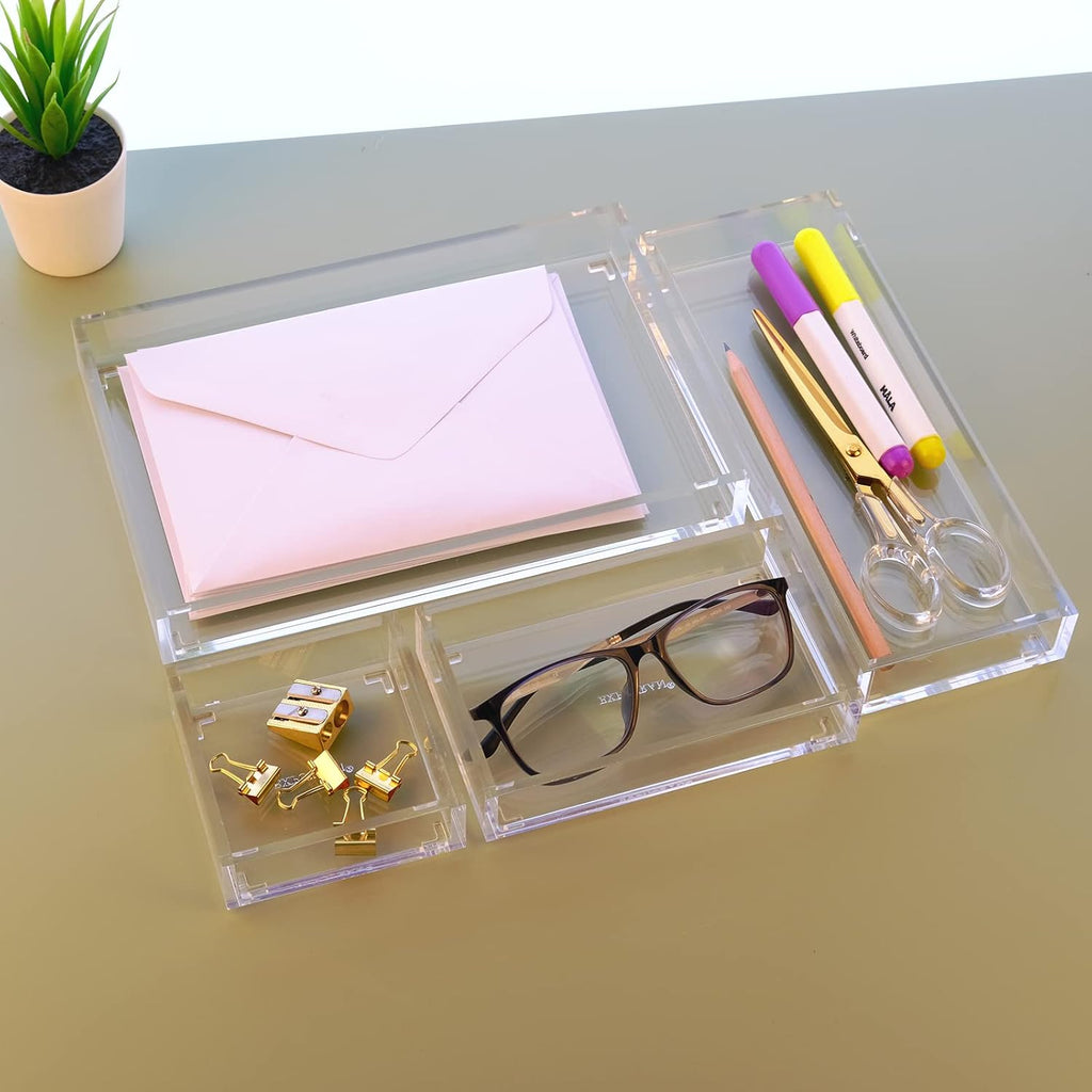 Clear Acrylic Desk Organizer for Office or Home Desk Drawer Dividers, Makeup Vanity Storage Bins, Stackable 4-Pack, Acrylic Accessory and Half Accessory Tray/Small Tray