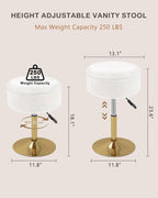 LITZFUR Gold Vanity Stool with Storage, Swivel Vanity Chair, White | Height Adjustable Makeup Stool, Faux Fur Small Round Ottoman Footrest for Bathroom, Bedroom