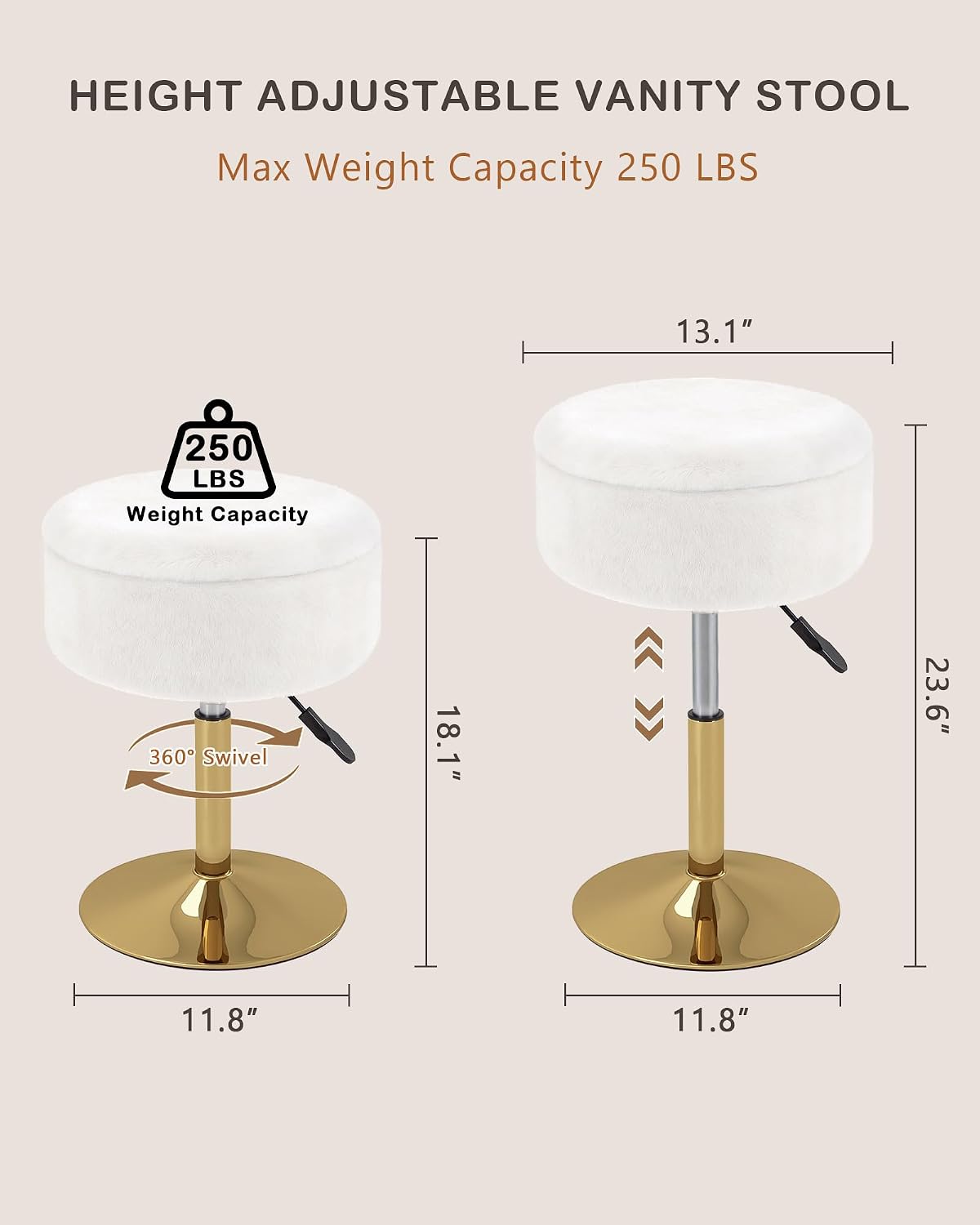 LITZFUR Gold Vanity Stool with Storage, Swivel Vanity Chair, White | Height Adjustable Makeup Stool, Faux Fur Small Round Ottoman Footrest for Bathroom, Bedroom