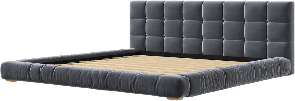 King Size Upholstered Velvet Platform Bed Frame, Channel Tufted Headboard