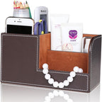 KINGFOM Desk Organizer Office Supplies Caddy Pu Leather Multi-function Storage Box Pen/Pencil,Cell phone, Business Name Cards Remote Control Holder Brown