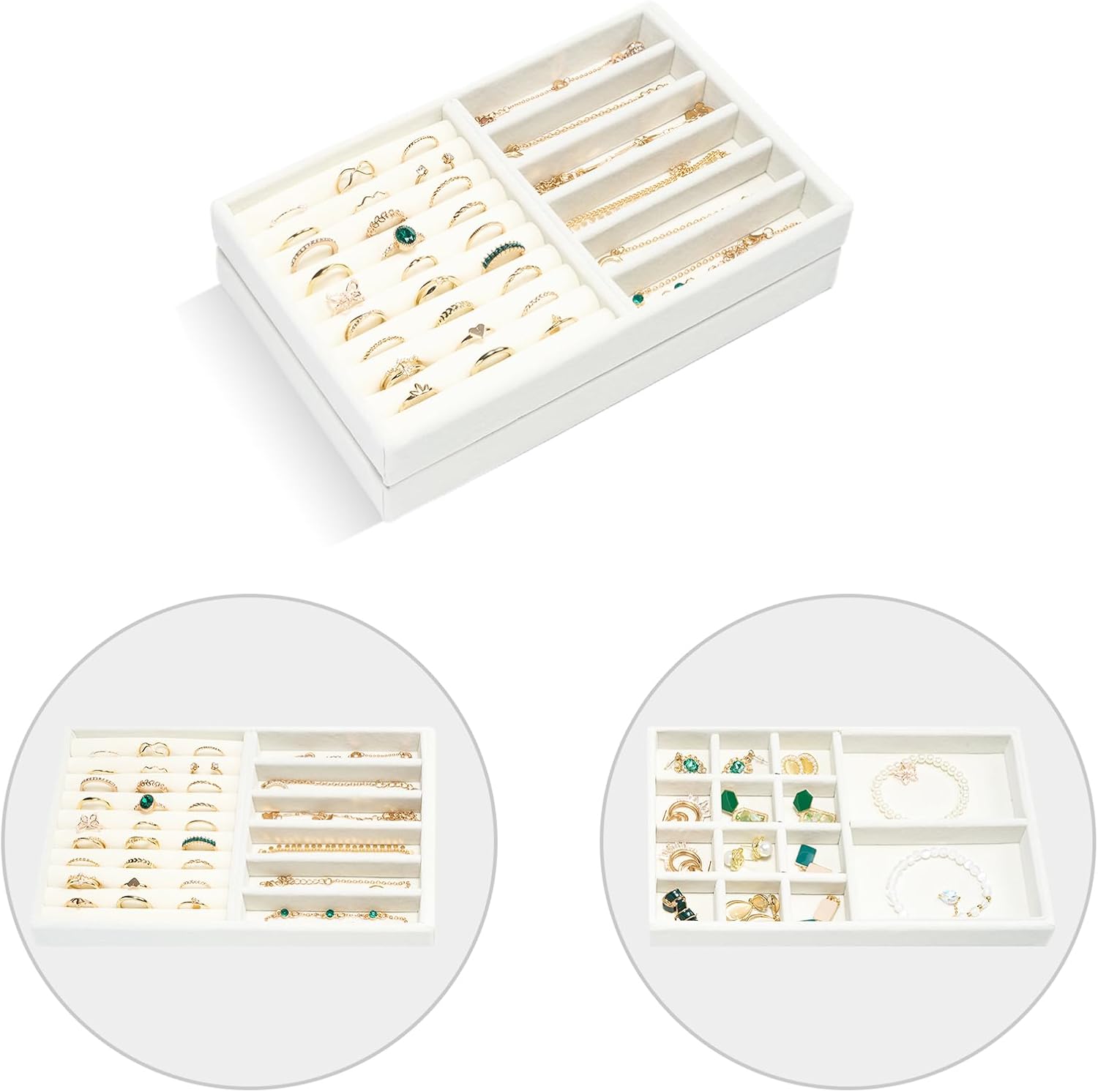 ProCase Stackable Jewelry Organizer Trays for Drawers, Jewelry Drawer Inserts Container Display Case Storage for Earring Necklace Rings Bracelet with Removable Dividers -Warmwhite, 2 Layers