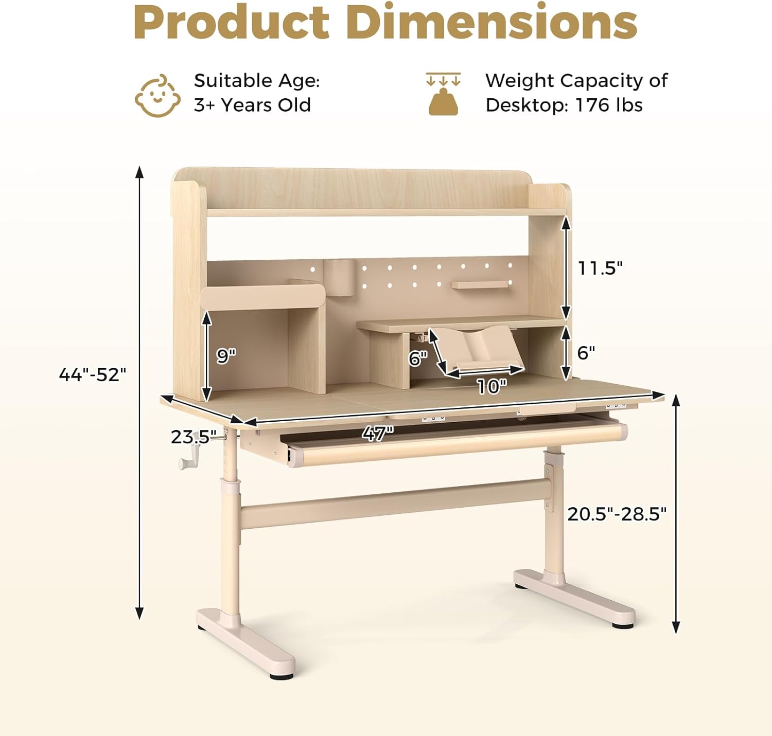 Costzon Kids Desk, Height Adjustable Student Table w/Tilt Desktop, Retractable Book Stand, Hutch, Drawer, Pen Holder, Tray & Scale Ruler, Children Study Desk for Reading Writing Drawing