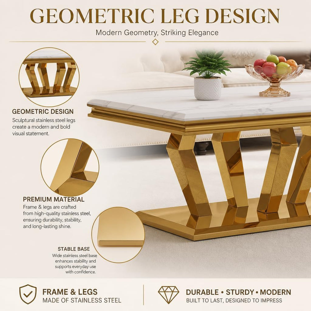 Asday White Coffee Table Set of 3, Gold Polished Geometric Metal Base | Luxur...