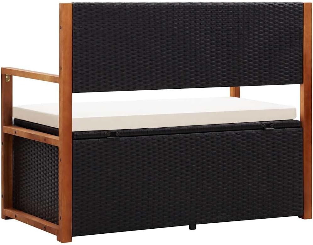 Poly Rattan Patio Storage Bench with Solid Acacia Wood Armrests and Backrest,...