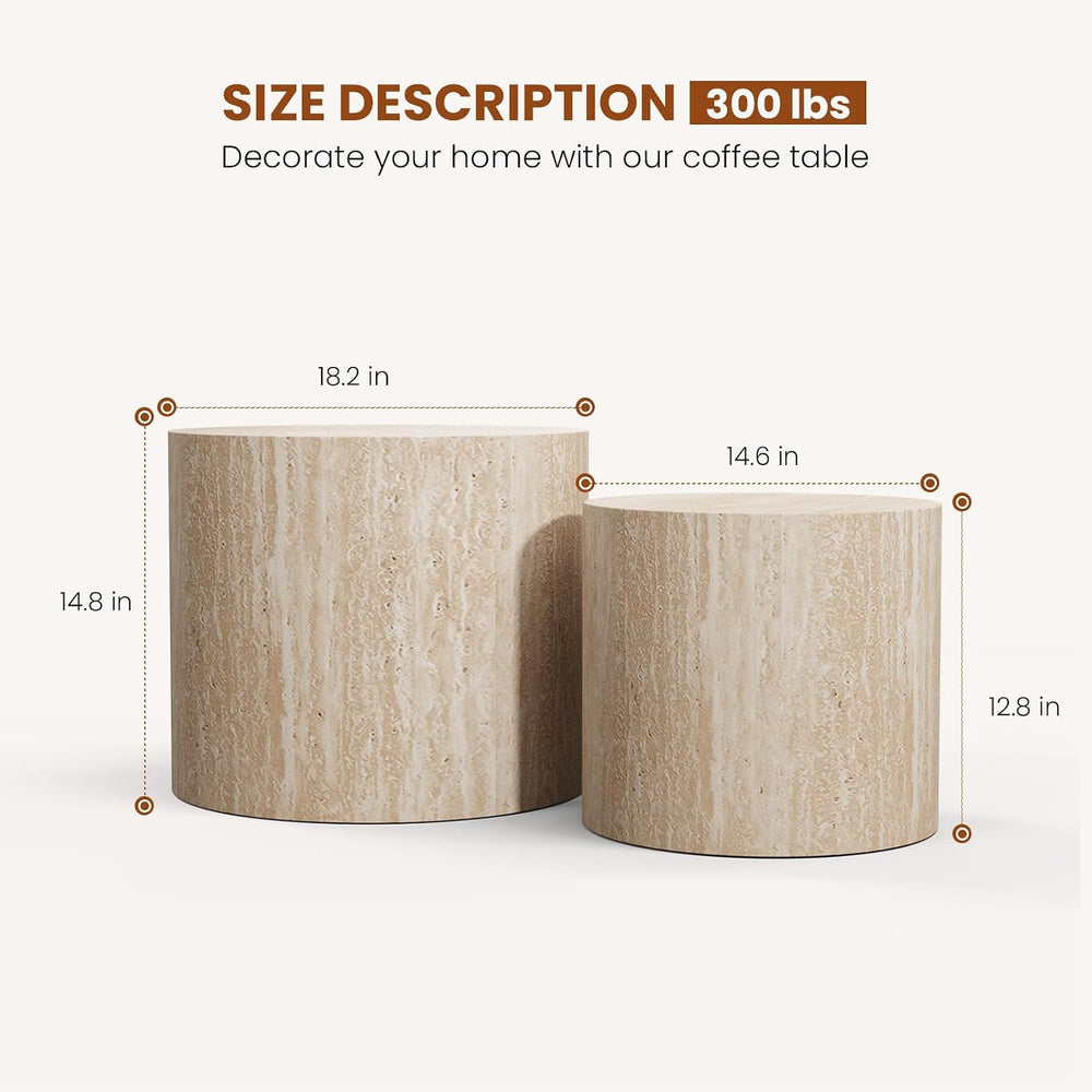 Nesting Coffee Table Set of 2 (Travertine) | Modern Round Center Ttable, Non-...